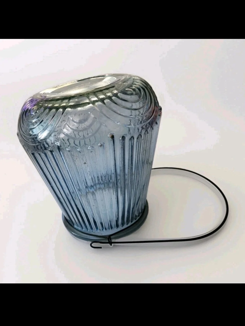 6 Inch Tall Blue Ribbed Glass Candle Lantern with Black Wire Handle